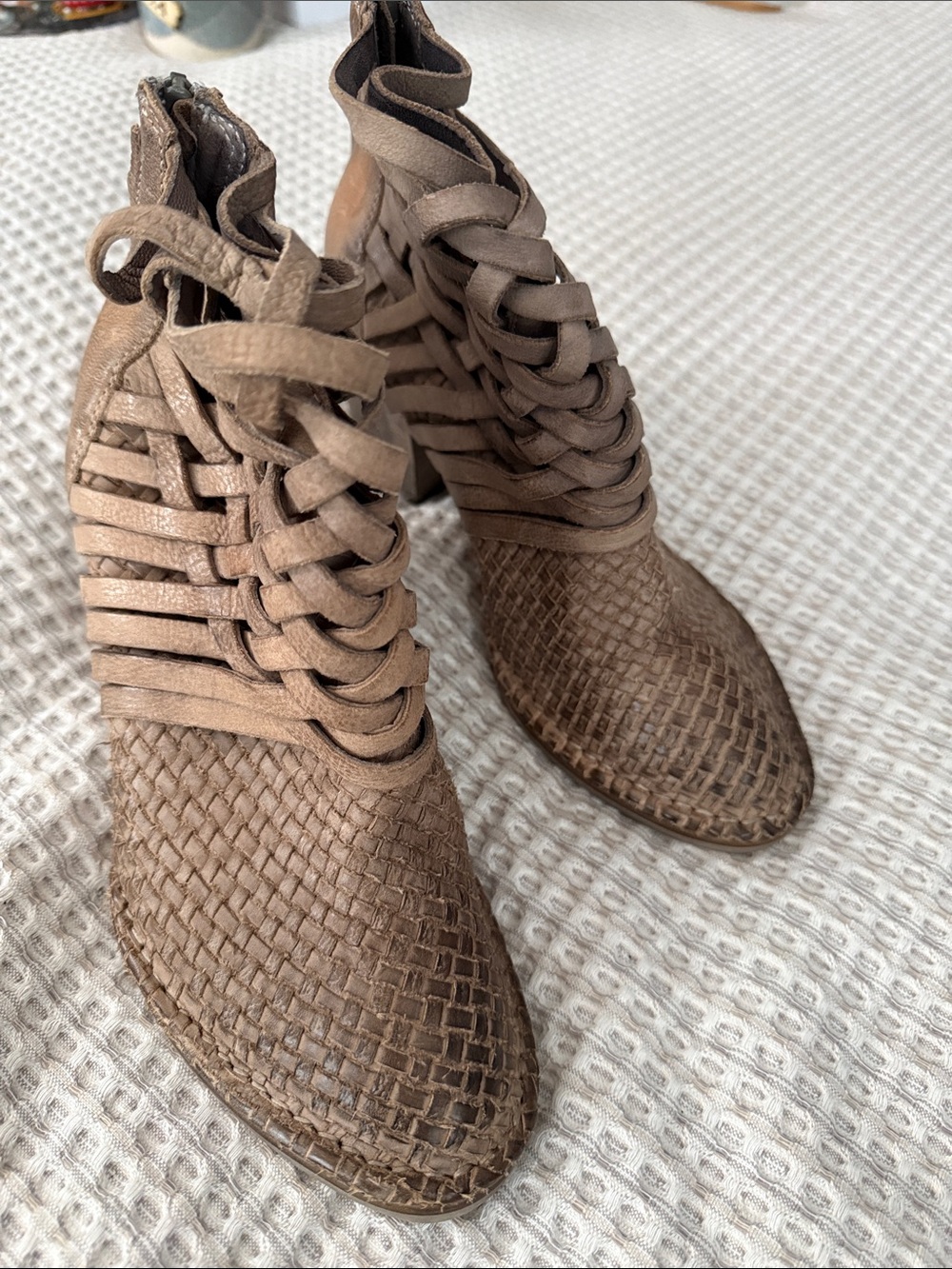 Sundance Woven Strappy Ankle Booties - Taupe Brown in size 38/8